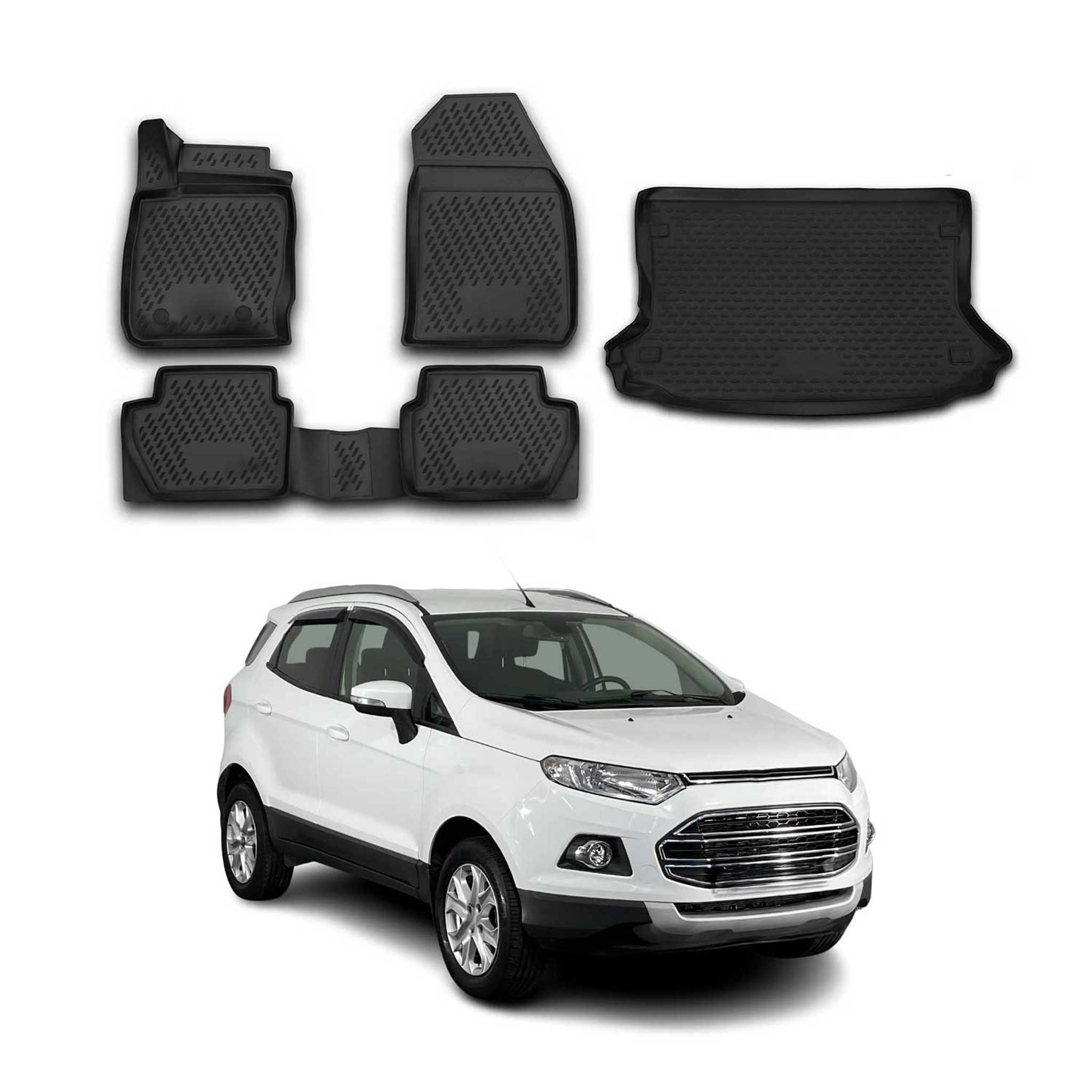 Fußmatten & Kofferraumwanne Set für Ford Ecosport 2014-2017 Gummi TPE Schwarz 5x