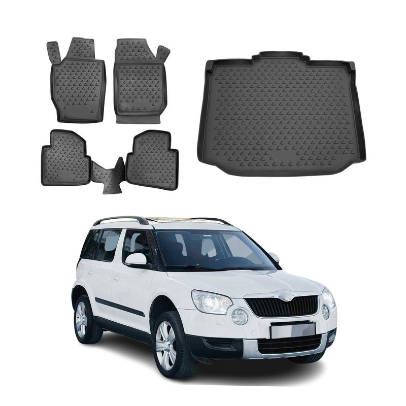 Fußmatten & Kofferraumwanne Set für Skoda Yeti 2009-2017 Gummi TPE Schwarz 5x