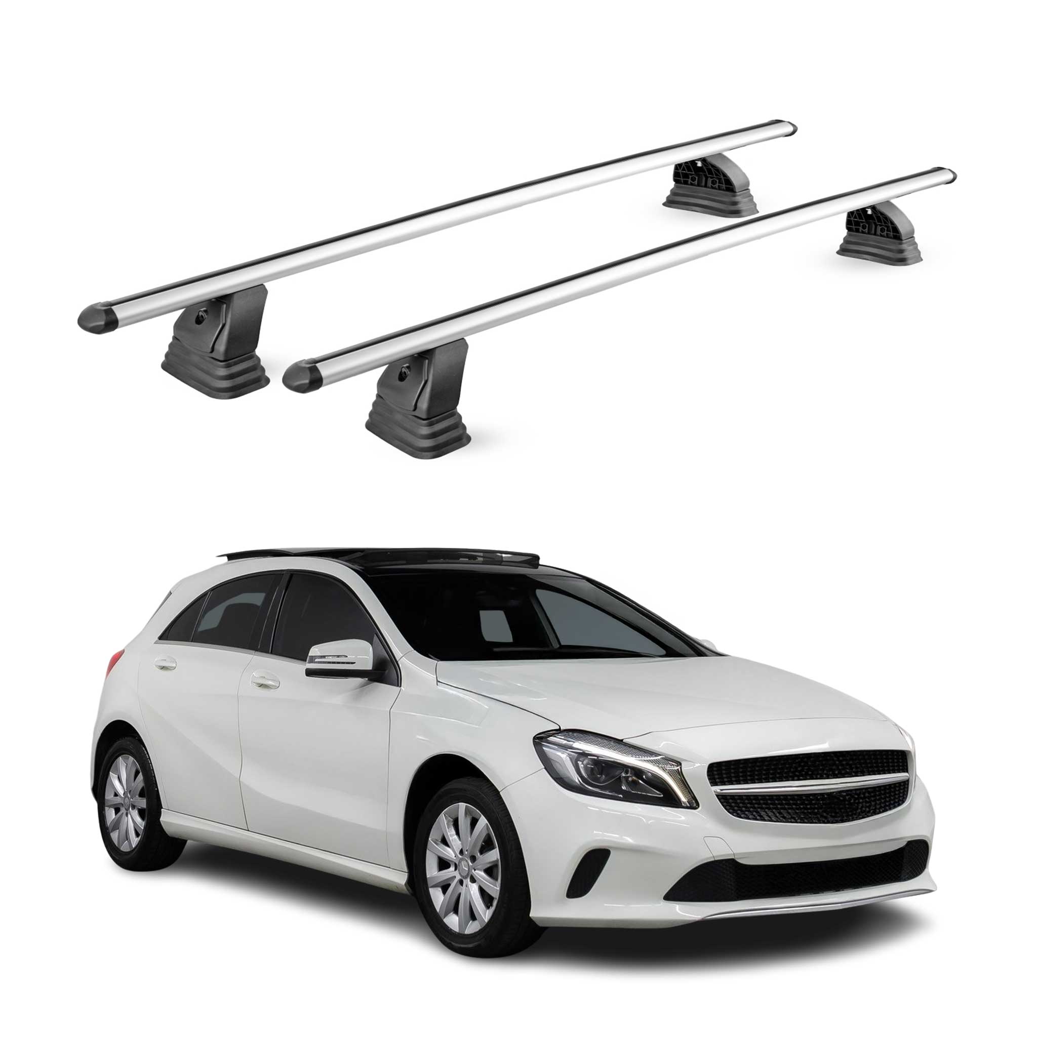 Alu Dachträger für Mercedes A Klasse W176 2012-2018 TÜV T-Nut 75 kg 2tlg Silber