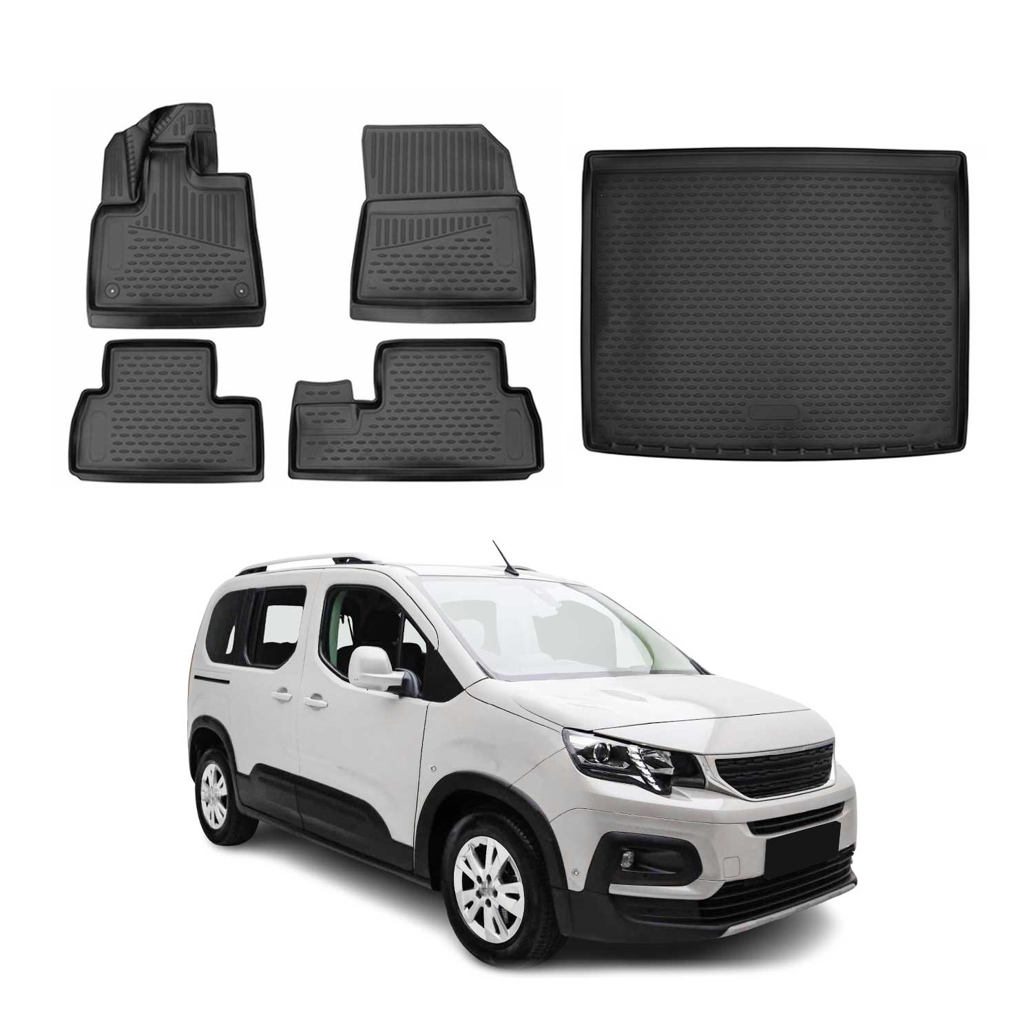 Fußmatten & Kofferraumwanne Set für Peugeot Rifter 2018-2024 L1 Schwarz