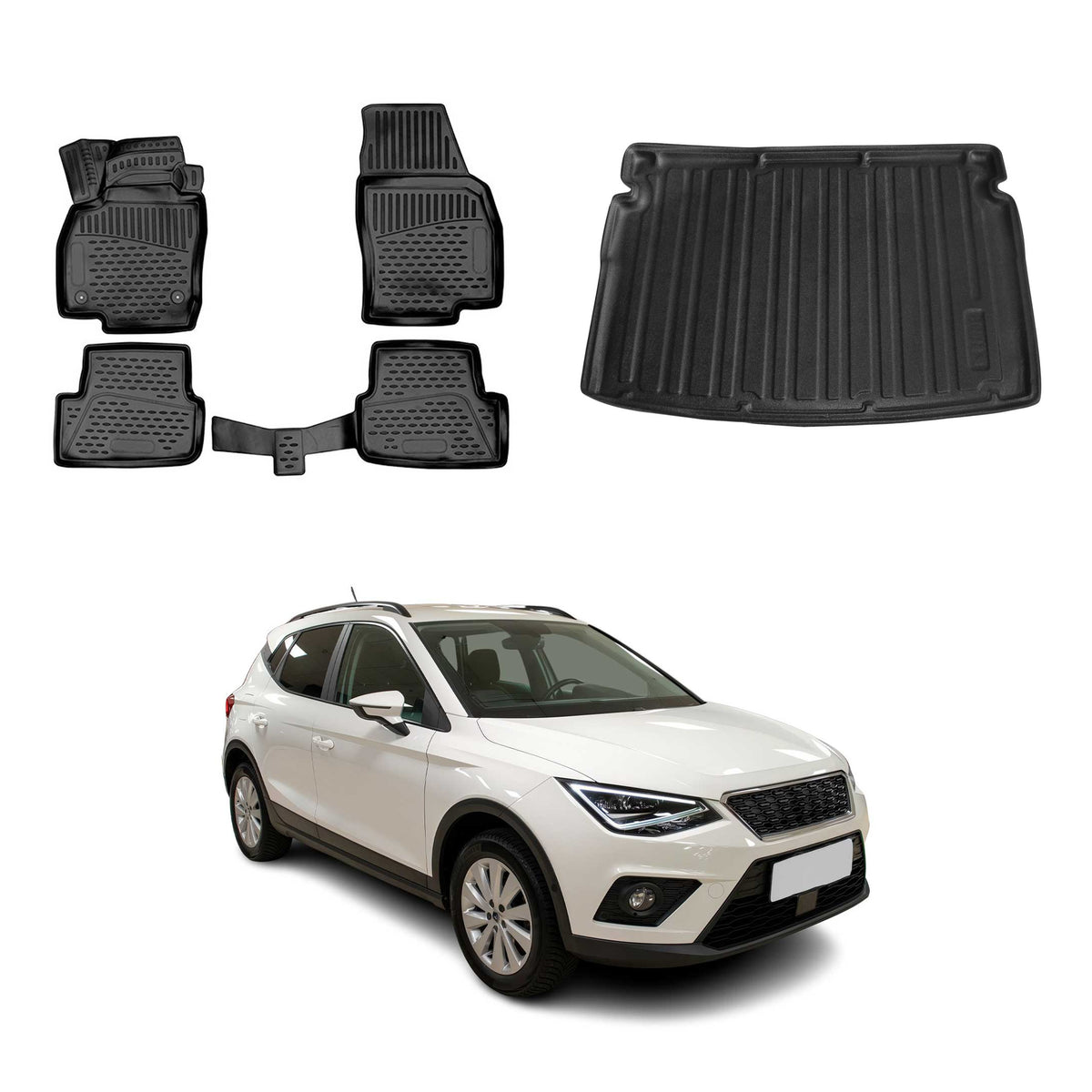OMAC Fußmatten & Kofferraumwanne Set für Seat Arona 2017-2026 Obere Schwarz