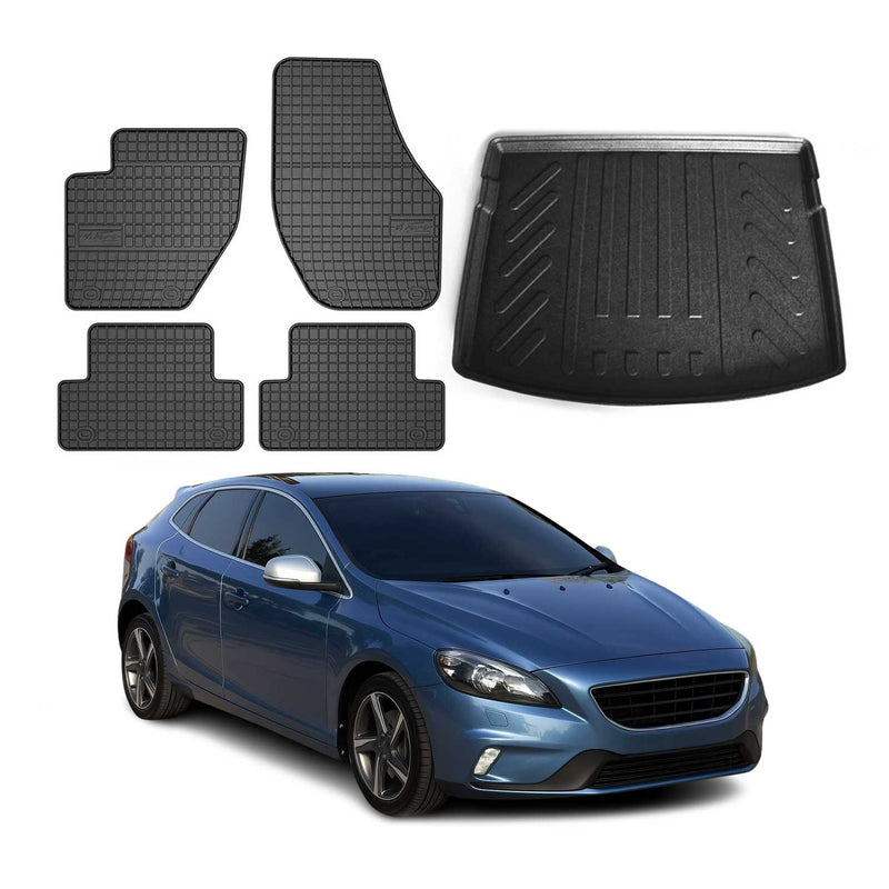 Fußmatten & Kofferraumwanne Set für Volvo V40 2012-2025 Gummi TPE Schwarz 5x