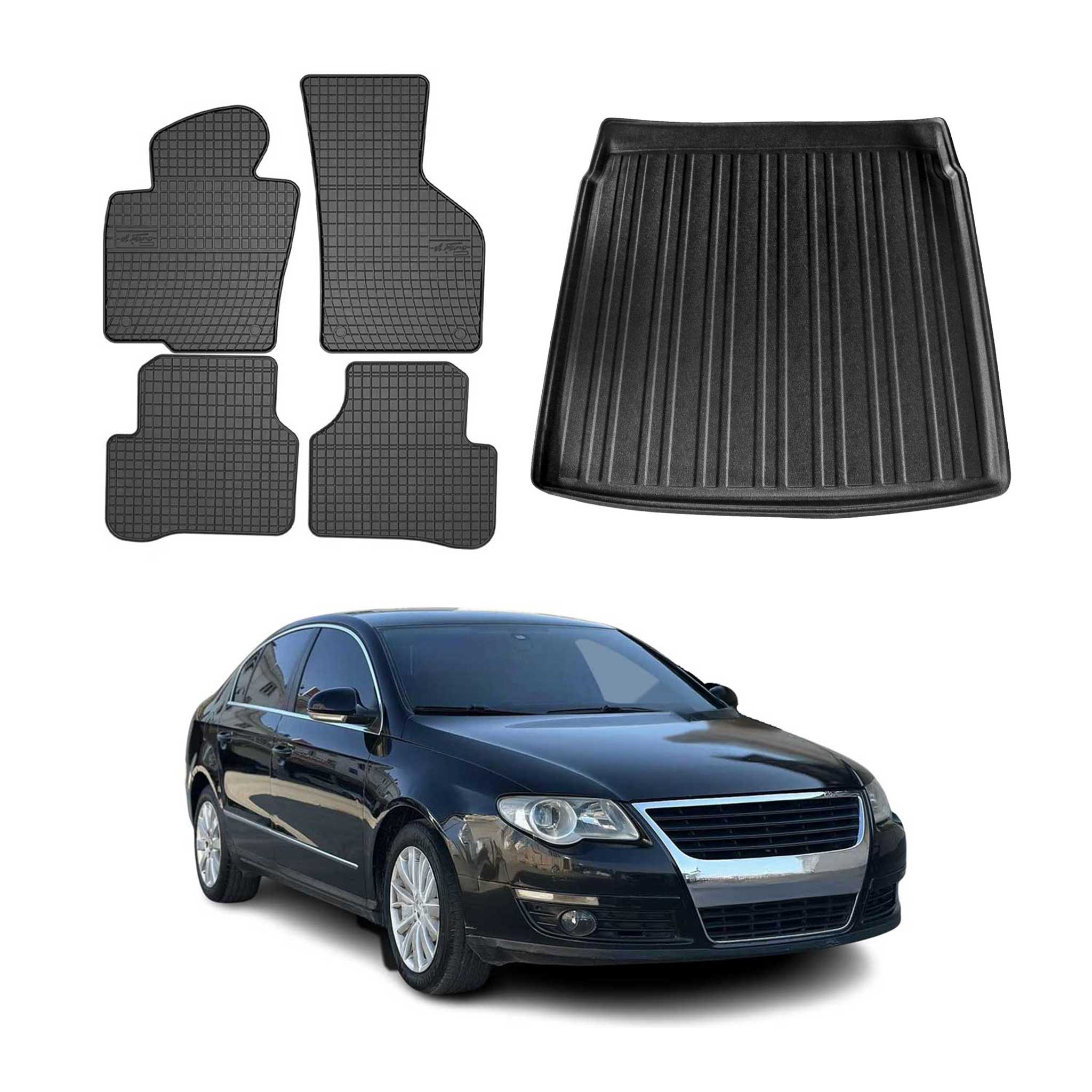 Fußmatten & Kofferraumwanne Set für VW Passat Limo 2005-2010 Untere Schwarz