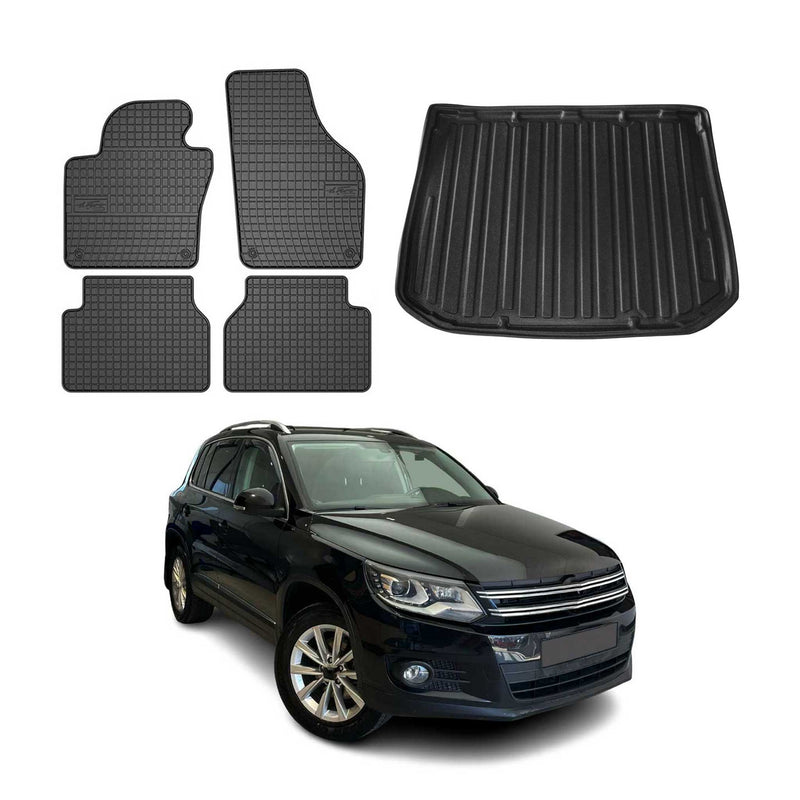 Fußmatten & Kofferraumwanne Set für VW Tiguan 2007-2016 Gummi TPE Schwarz 5tlg