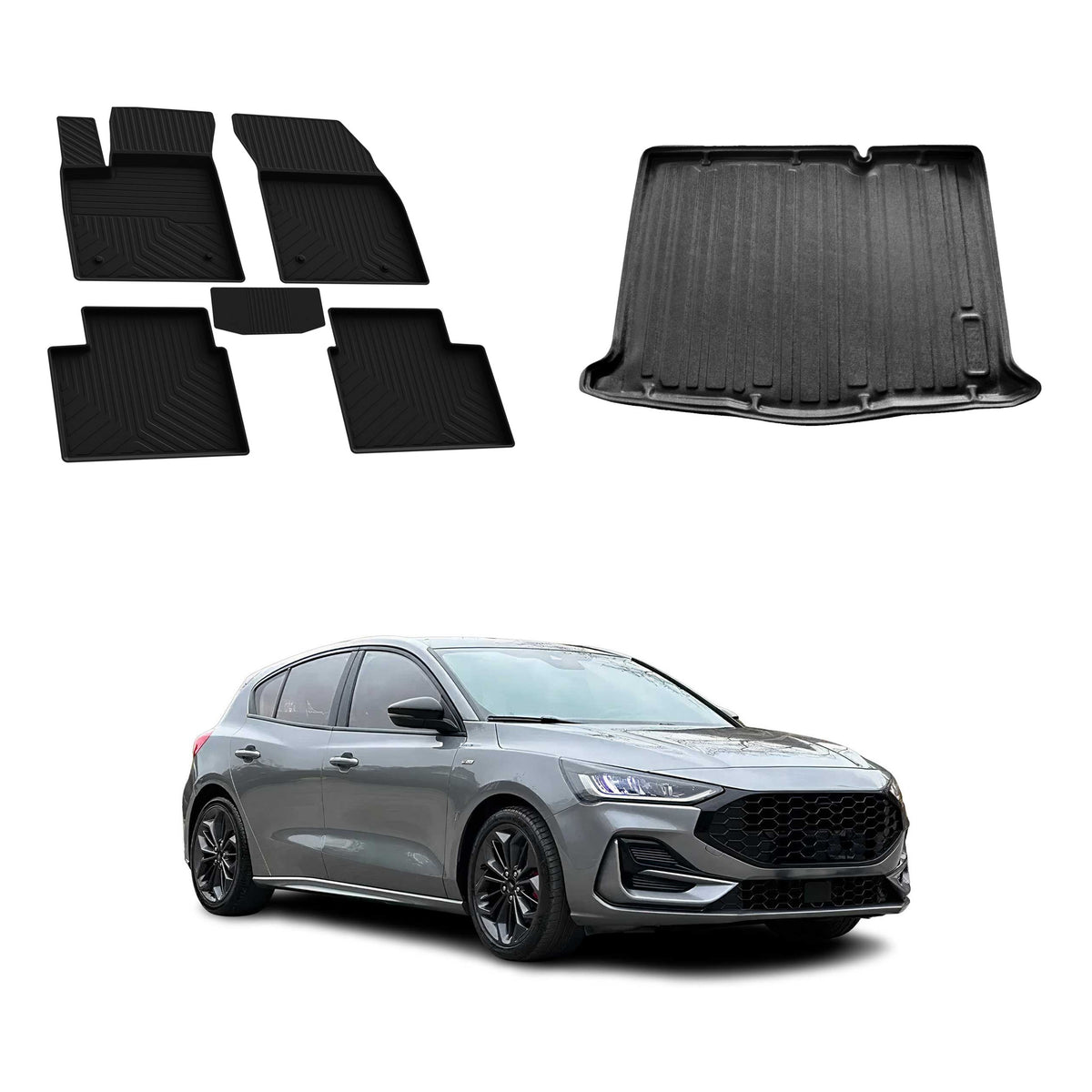 Fußmatten & Kofferraumwanne Set für Ford Focus mk4 Schrägheck 2019-25 Fünftürer