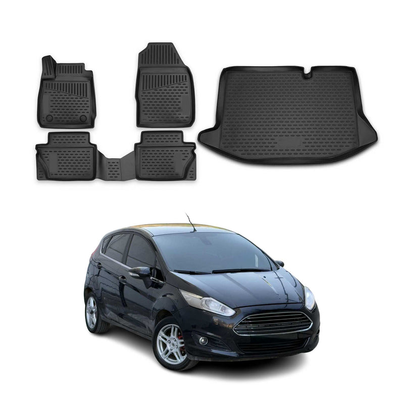 Fußmatten & Kofferraumwanne Set für Ford Fiesta 2008-2017 Gummi TPE Schwarz 5x
