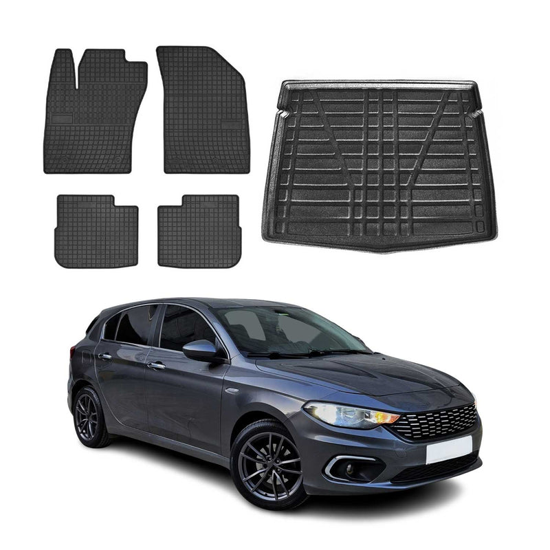 Fußmatten & Kofferraumwanne Set für Fiat Tipo Schrägheck 2015-2025 Gummi 5x