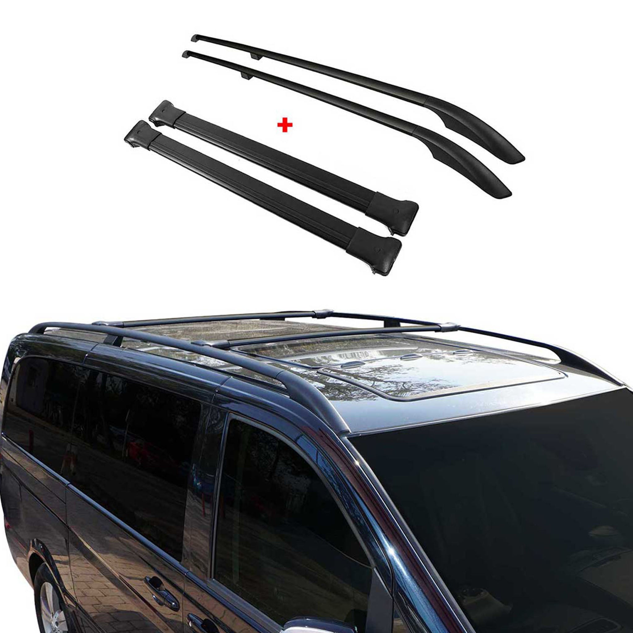 Dachreling + Dachträger für VW Caddy 2003-2015 L2 Langer Radstand Alu Schwarz 4x