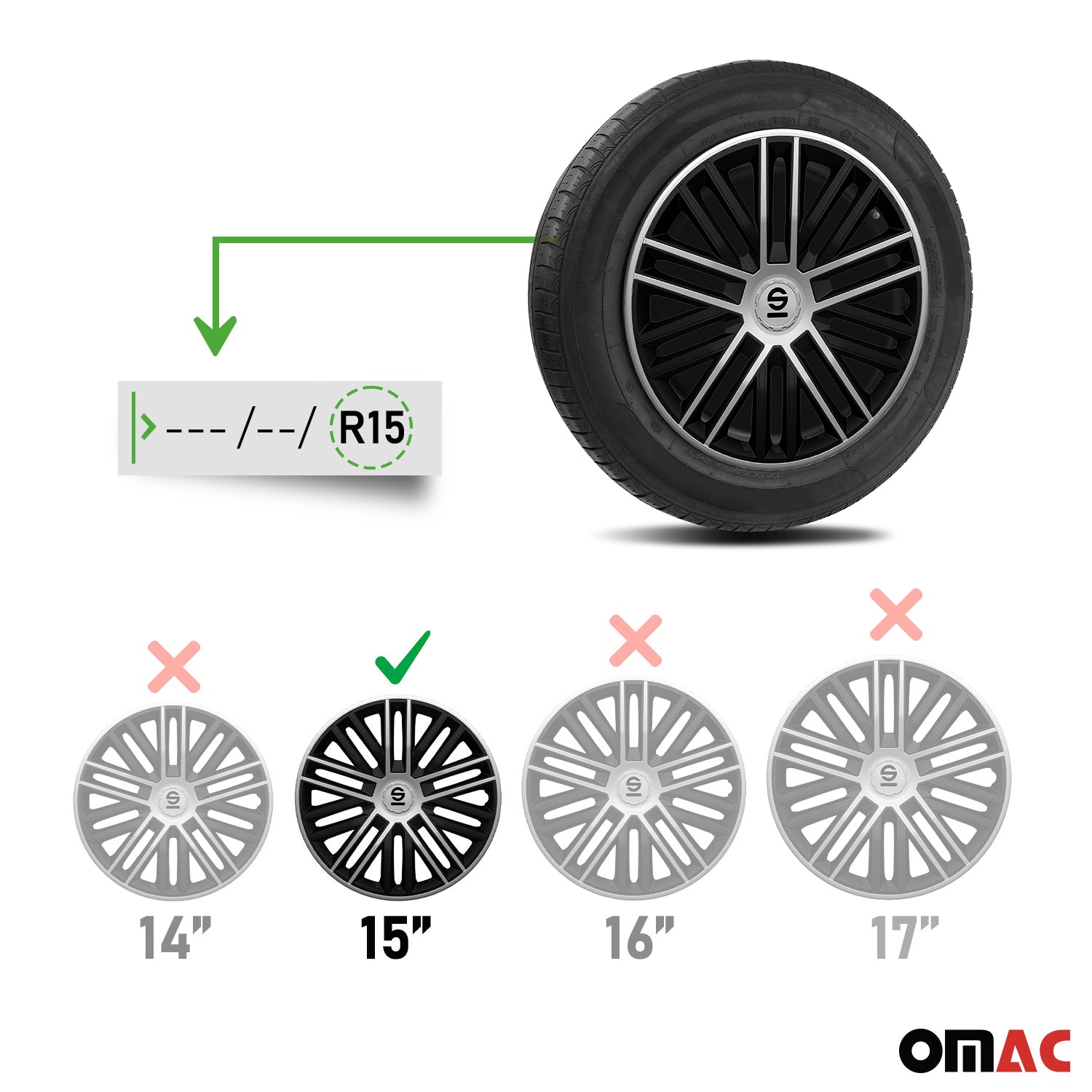 Radkappen Radzierblenden Sparco Bergamo 15" Zoll Abdeckung Set Schwarz Silber 4x