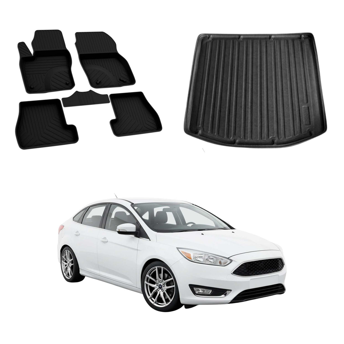 OMAC Fußmatten & Kofferraumwanne Set für Ford Focus mk3 Limo 2011-2018 Schwarz