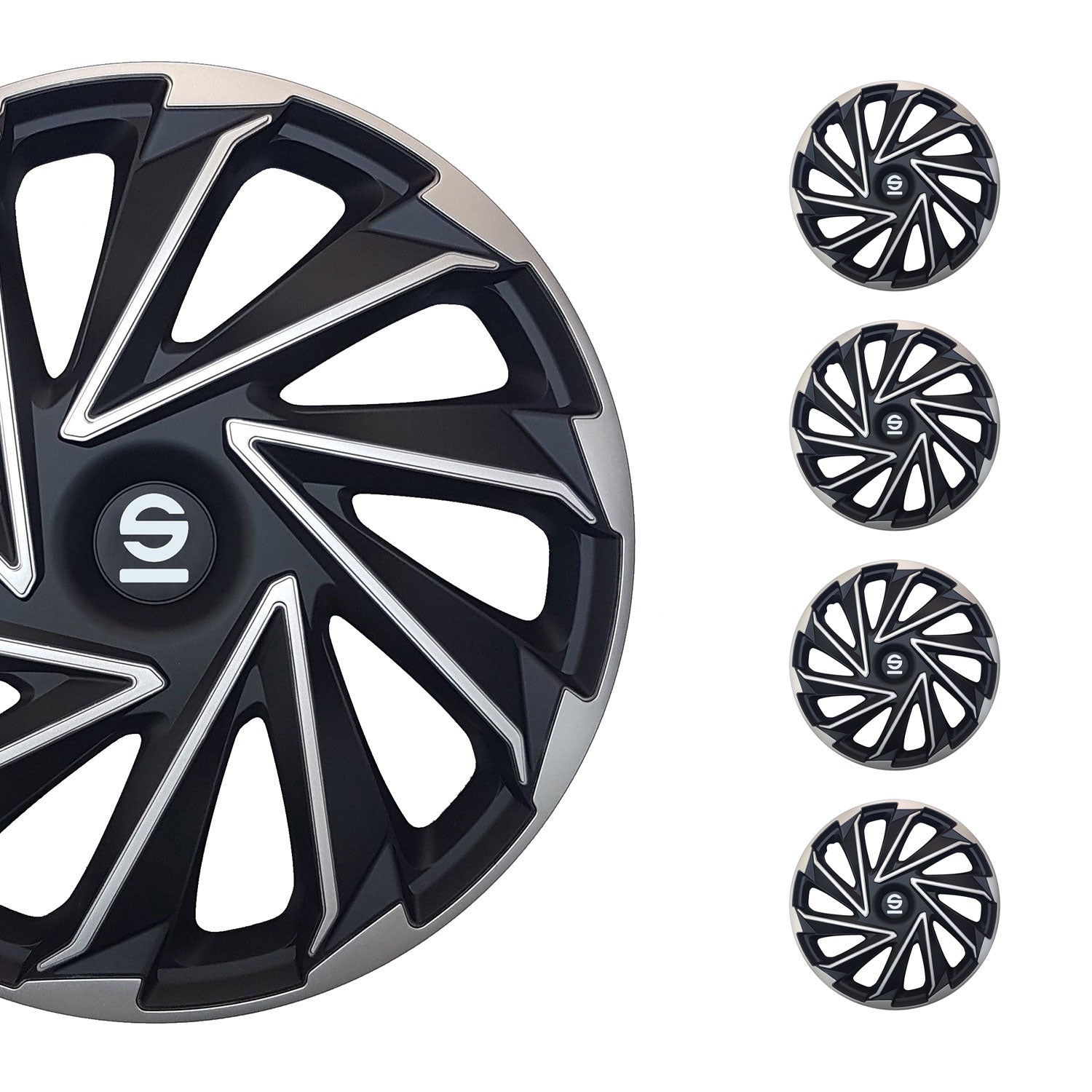 Radkappen Radzierblenden Sparco Varese 14" Zoll Abdeckung Set Silber Schwarz 4x