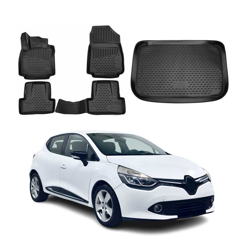 Fußmatten & Kofferraumwanne Set für Renault Clio 2012-2019 Gummi TPE Schwarz 5x
