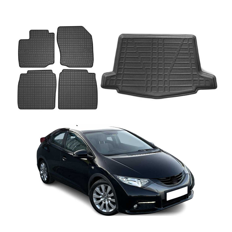 Fußmatten & Kofferraumwanne Set für Honda Civic Schrägheck 2012-2016 Gummi 5x