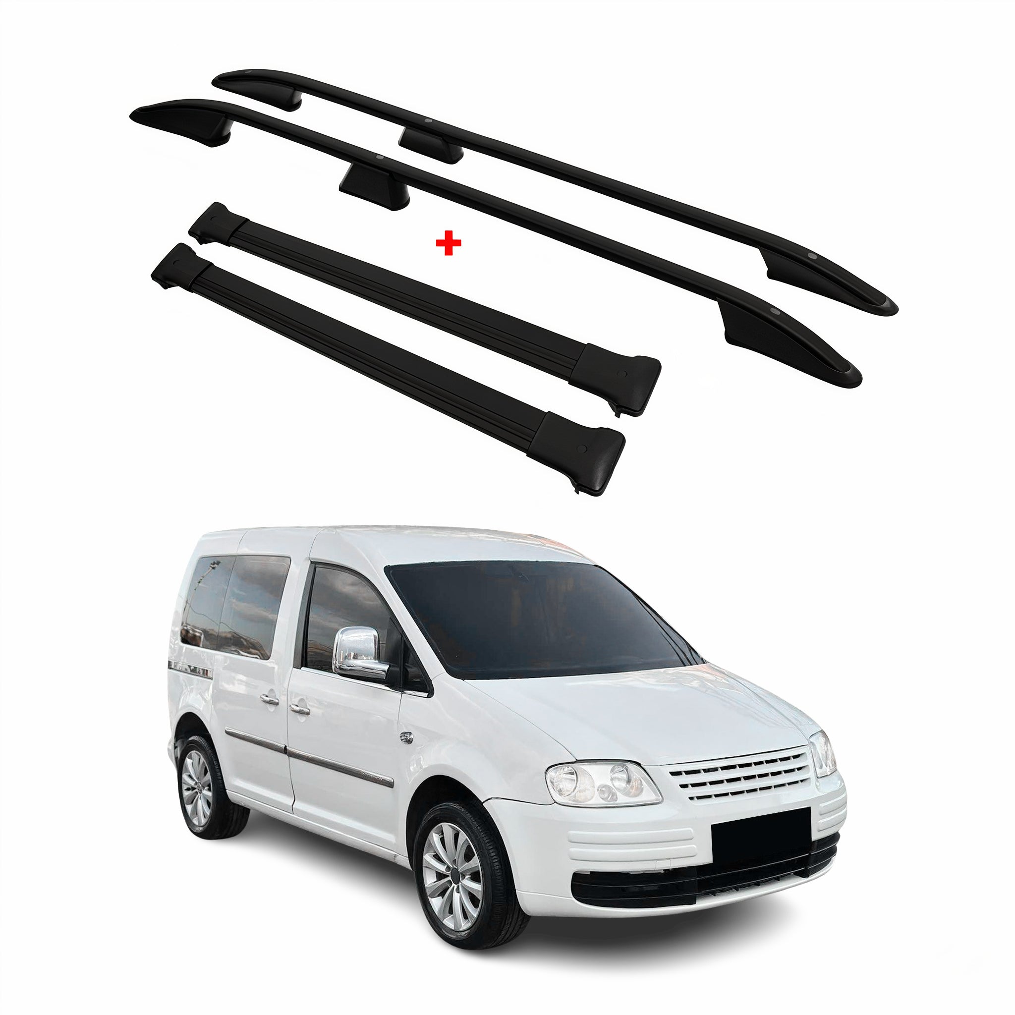 Dachreling + Dachträger SET für VW Caddy Kurzer Aluminium Schwarz 4tlg