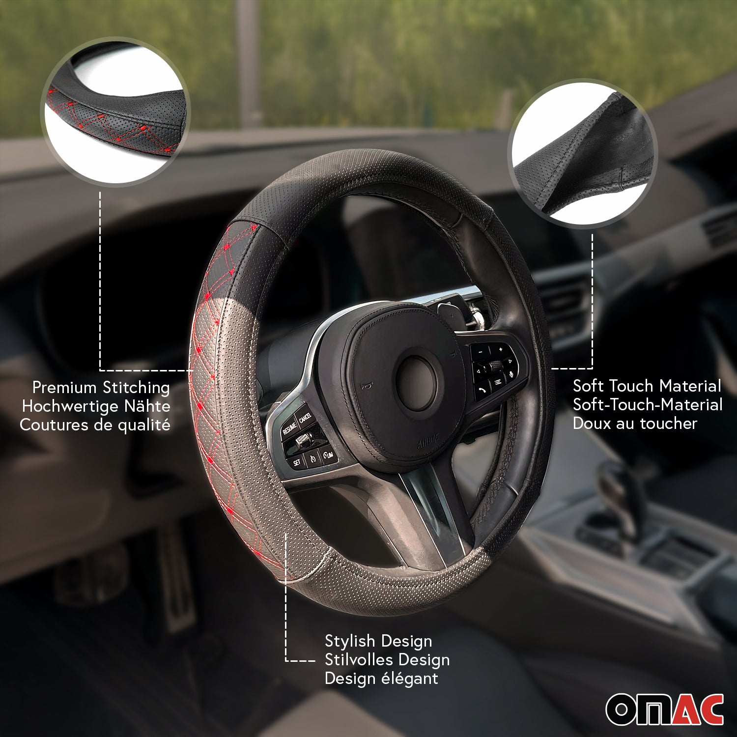 Lenkradbezug Lenkradschoner Lenkrad Abdeckung Schwarz Rot Stiche Ø 38-40 cm