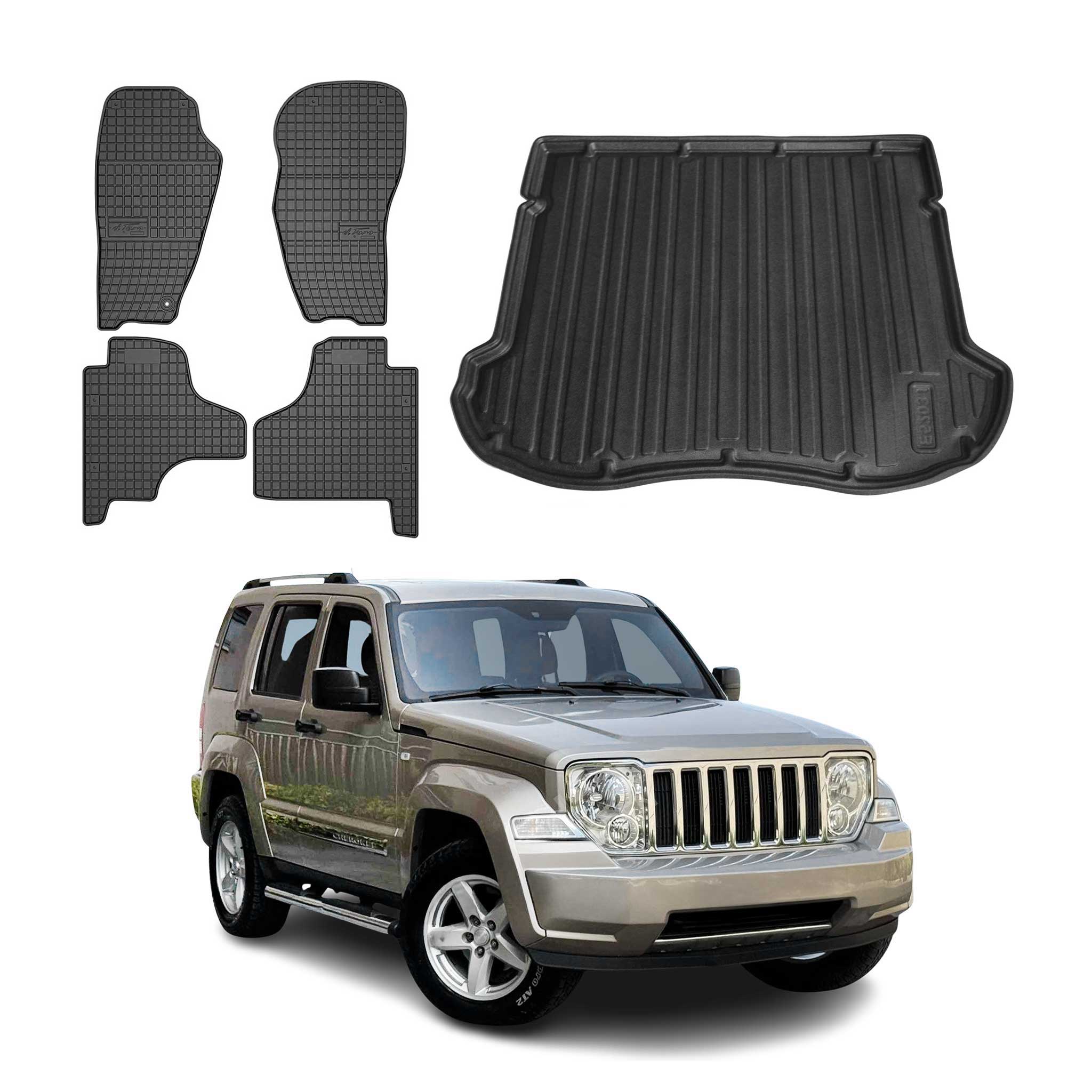 Fußmatten & Kofferraumwanne Set für Jeep Cherokee 2007-2013 Gummi Schwarz 5x