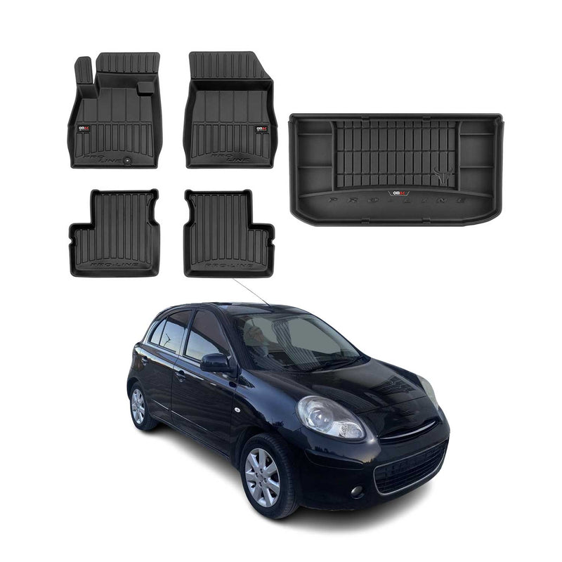 OMAC Fußmatten & Kofferraumwanne Set für Nissan Micra 2010-2017 Gummi Schwarz 5x