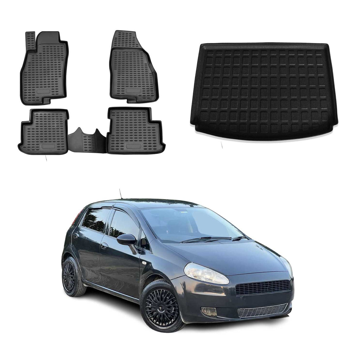 OMAC Fußmatten & Kofferraumwanne Set für Fiat Grande Punto 2005-2009 Schwarz