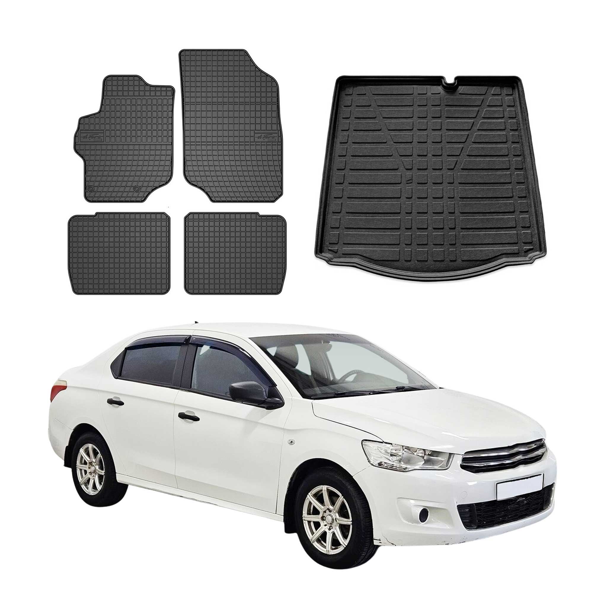 Fußmatten & Kofferraumwanne Set für Citroen C-Elysee 2012-2022 Gummi Schwarz 5x