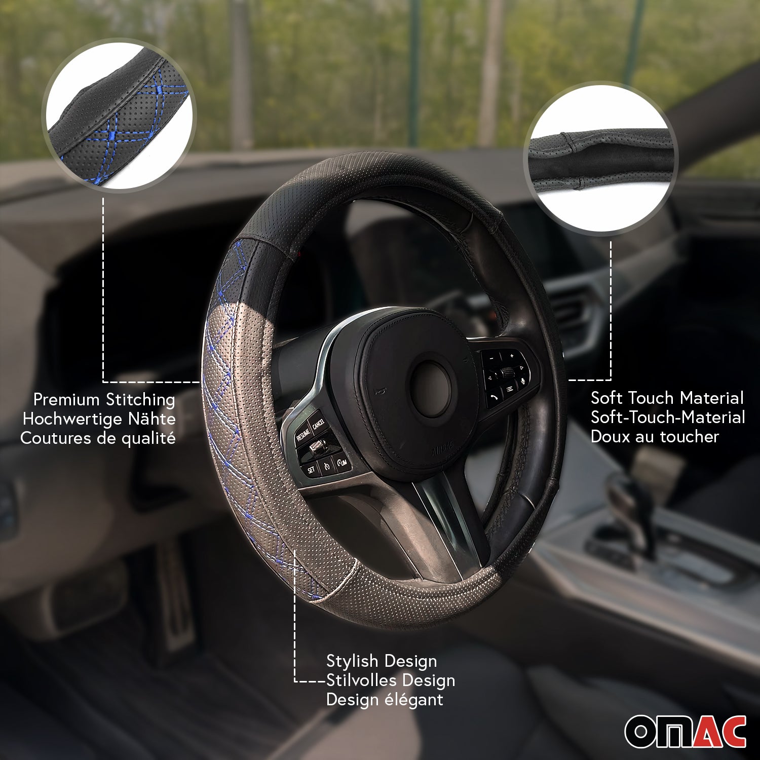 Lenkradbezug Lenkradschoner Lenkrad abdeckung Schwarz Blau Stiche Ø 38-40 cm