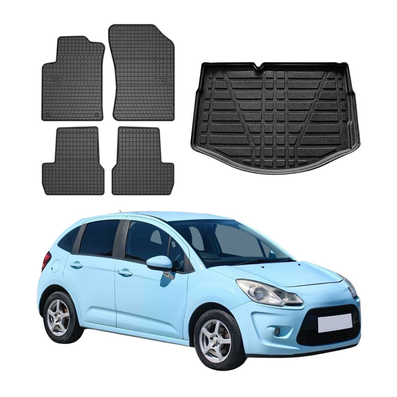 Fußmatten & Kofferraumwanne Set für Citroen C3 Schrägheck 2009-2016 Gummi 5x