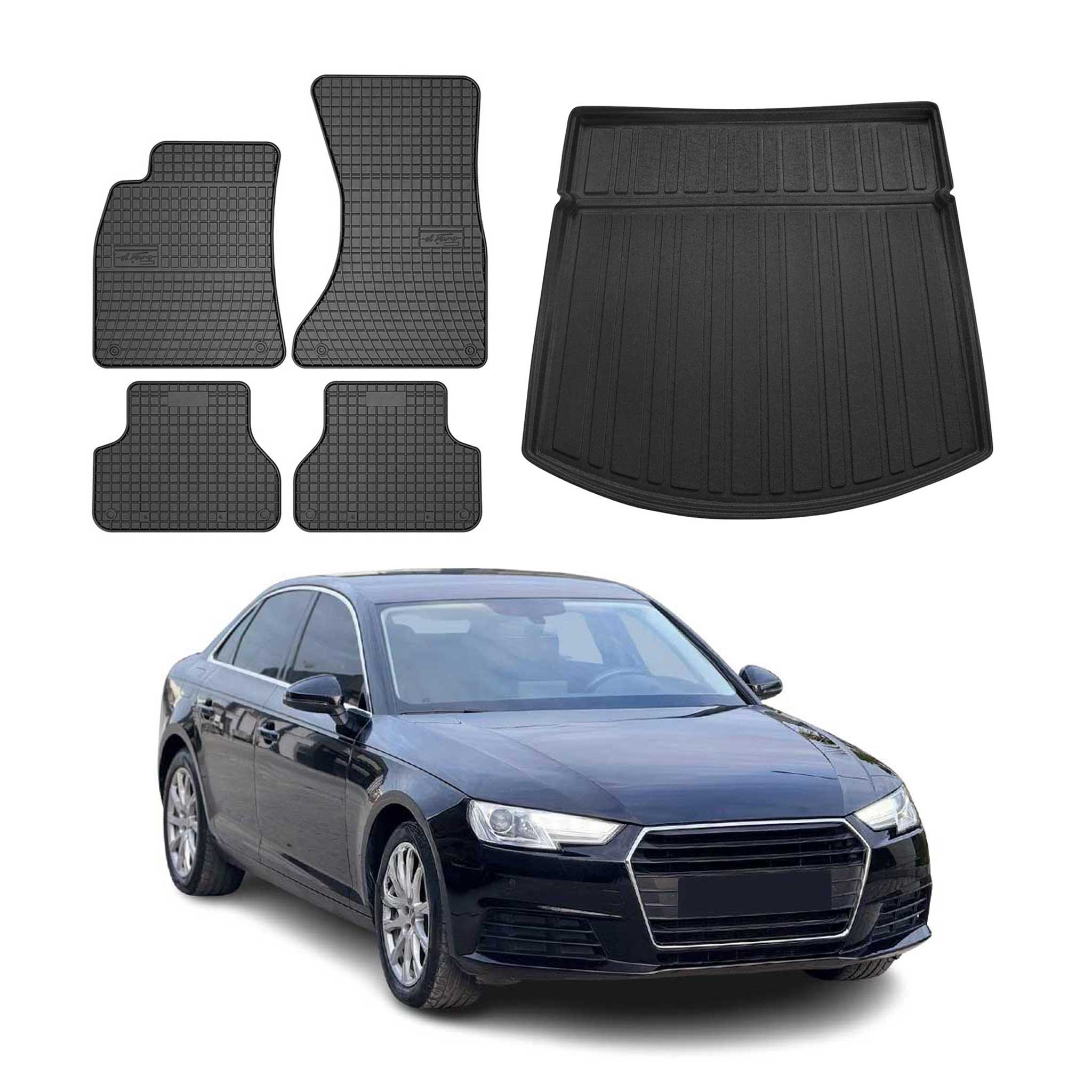 Fußmatten & Kofferraumwanne Set für Audi A4 S4 B9 Limo 2015-2025 Schwarz 5x