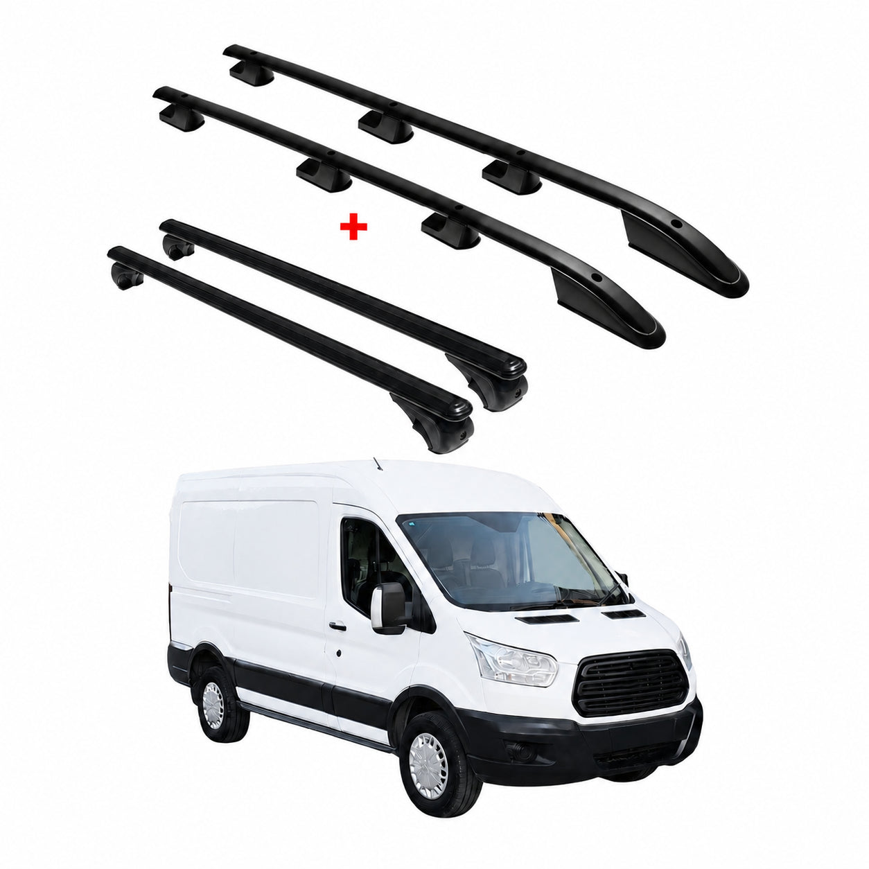 Dachreling + Dachträger für Ford Transit 2015-2026 L2 Mittel Alu Schwarz 4x