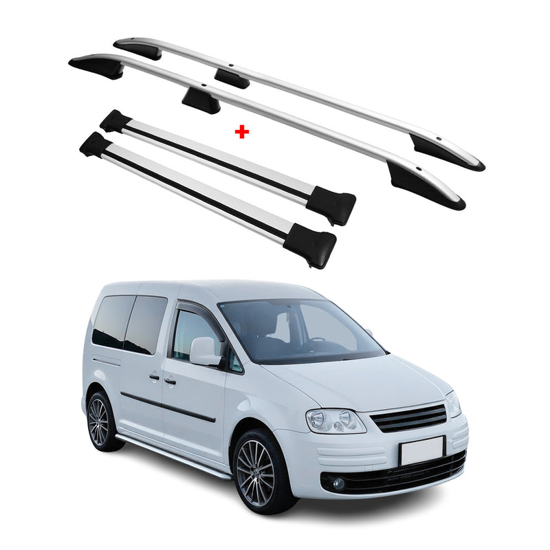 Dachreling + Dachträger SET für VW Caddy 2003-2010 L2 Langer Alu Silber 4tlg