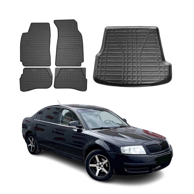 Fußmatten & Kofferraumwanne Set für Skoda Superb Stufenheck 2001-2008 Gummi 5x