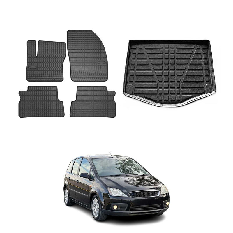 Fußmatten & Kofferraumwanne Set für Ford C-Max 2007-2010 Gummi TPE Schwarz 5x