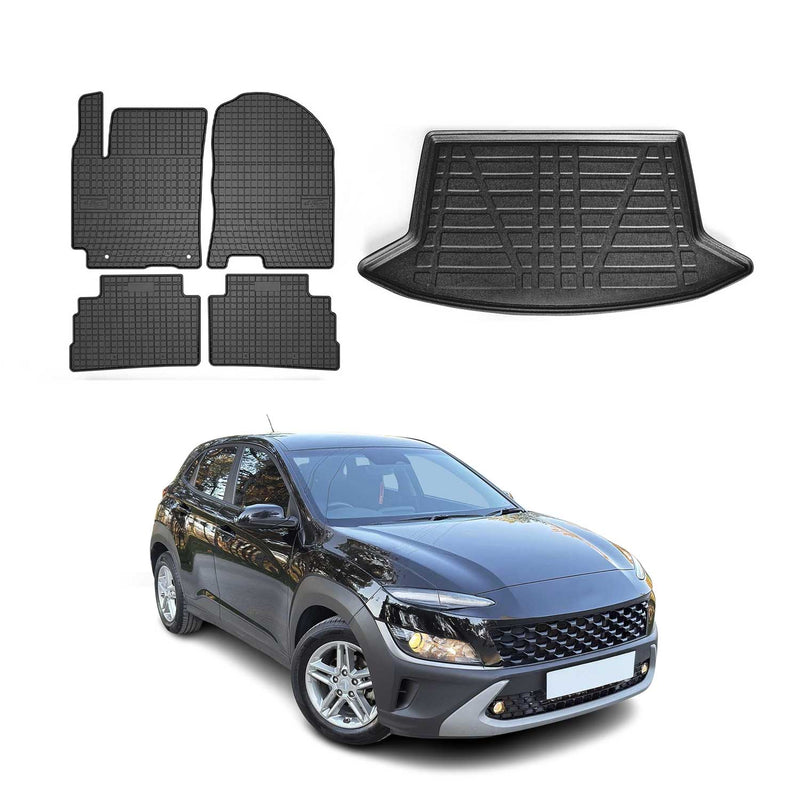 Fußmatten & Kofferraumwanne Set für Hyundai Kona 2017-2025 Gummi TPE Schwarz 5x