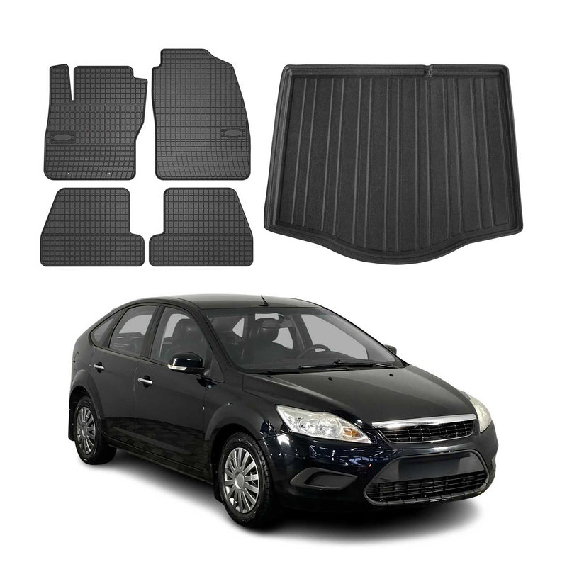 Fußmatten & Kofferraumwanne Set für Ford Focus mk2 2004-2011 Fünftürer Gummi 5x