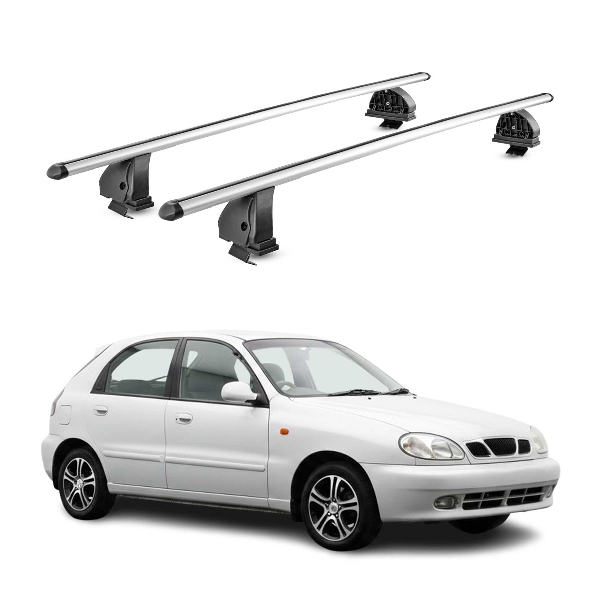 Alu Dachträger für Daewoo Lanos Schrägheck 1997-2002 TÜV T-Nut 75 kg 2tlg Silber