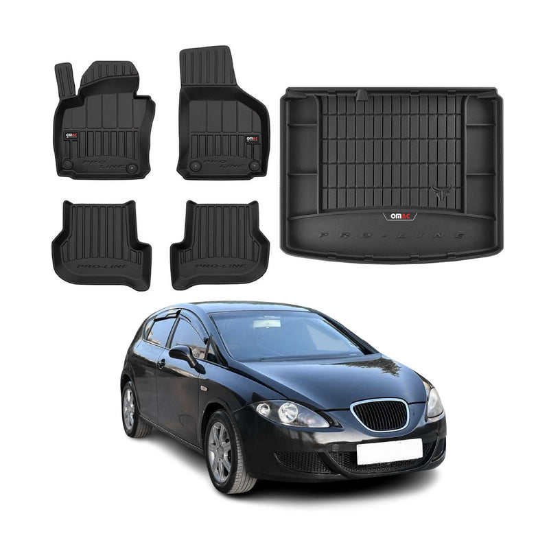 OMAC Fußmatten & Kofferraumwanne Set für Seat Leon 2005-2012 Gummi Schwarz 5x