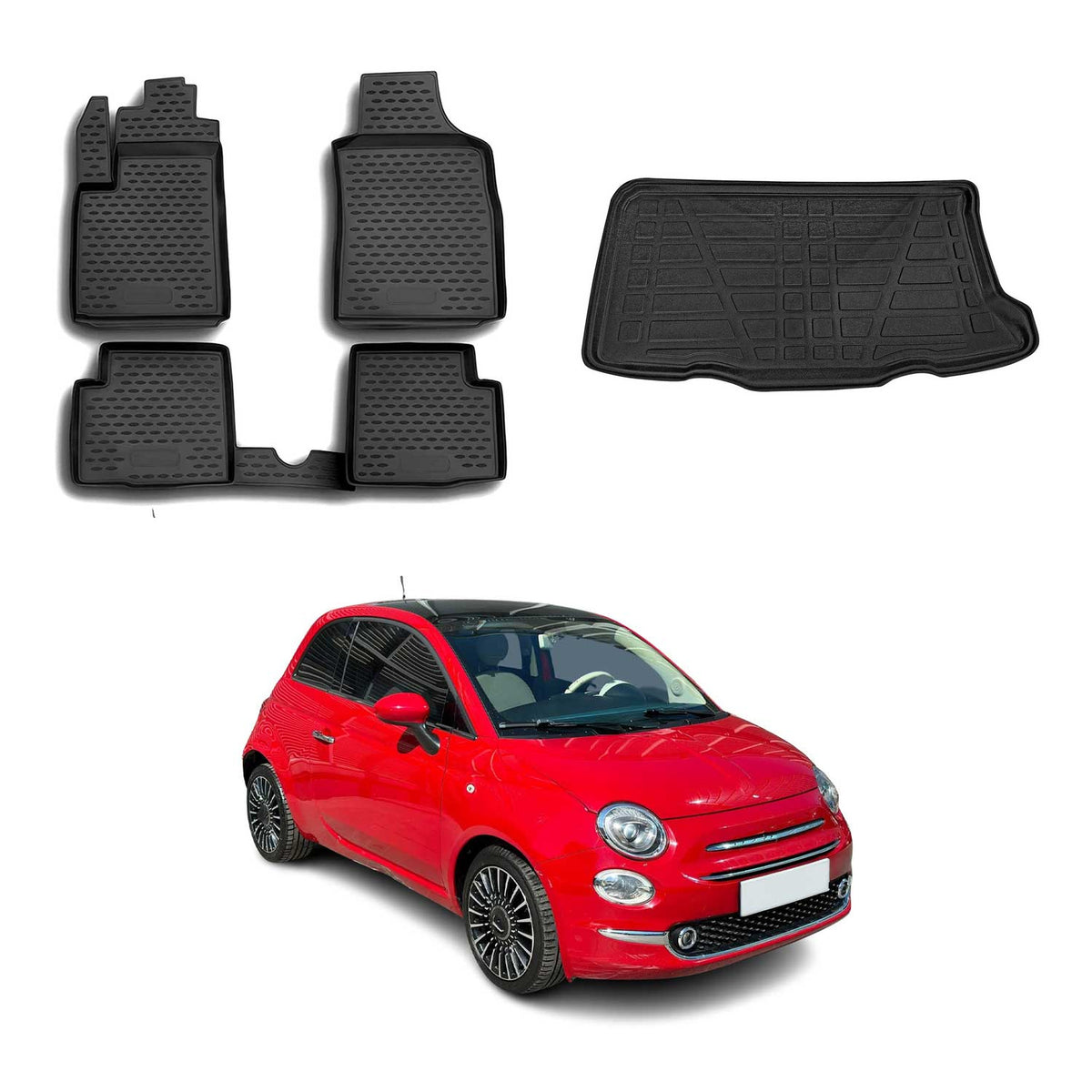 OMAC Fußmatten & Kofferraumwanne Set für Fiat 500 500C 2007-2015 Pre-FL