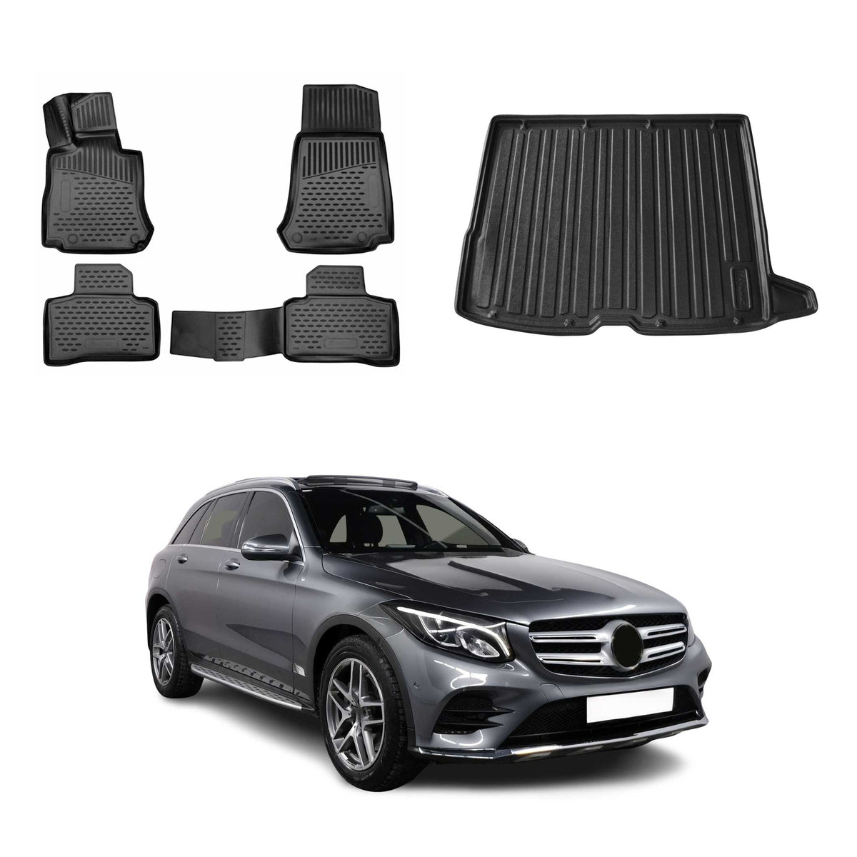 OMAC Fußmatten & Kofferraumwanne Set für Mercedes GLC C253 2015-2022 Schwarz