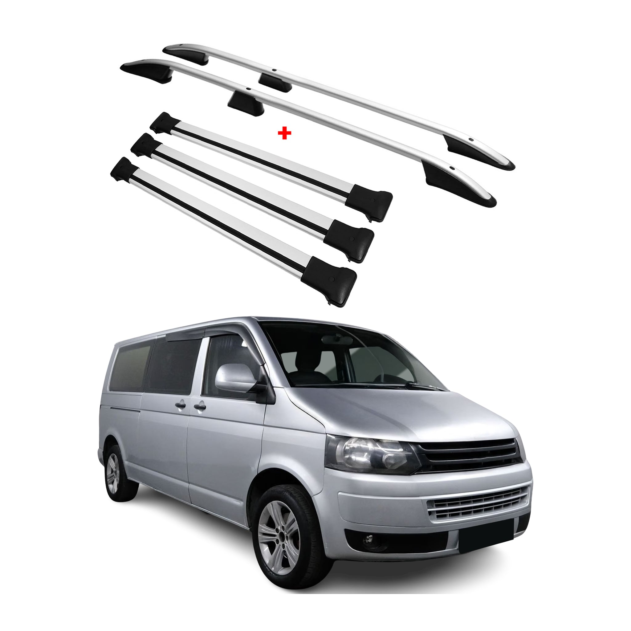 Dachreling + Dachträger für VW Multivan Caravelle 2003-2024 L2 Alu Silber 5tlg