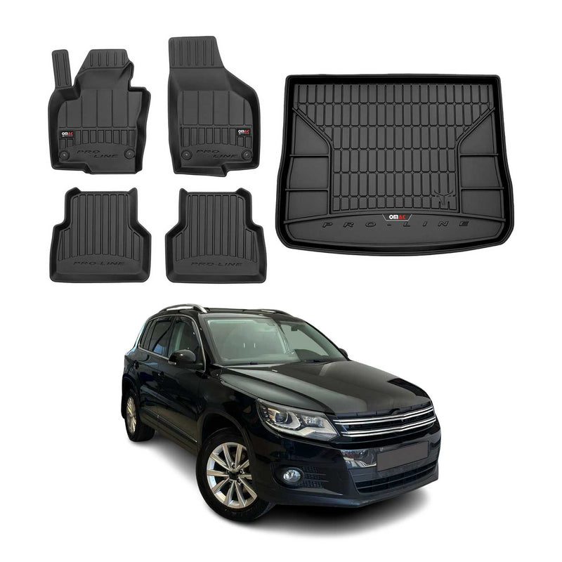 OMAC Fußmatten & Kofferraumwanne Set für VW Tiguan 2007-2016 Gummi Schwarz 5x