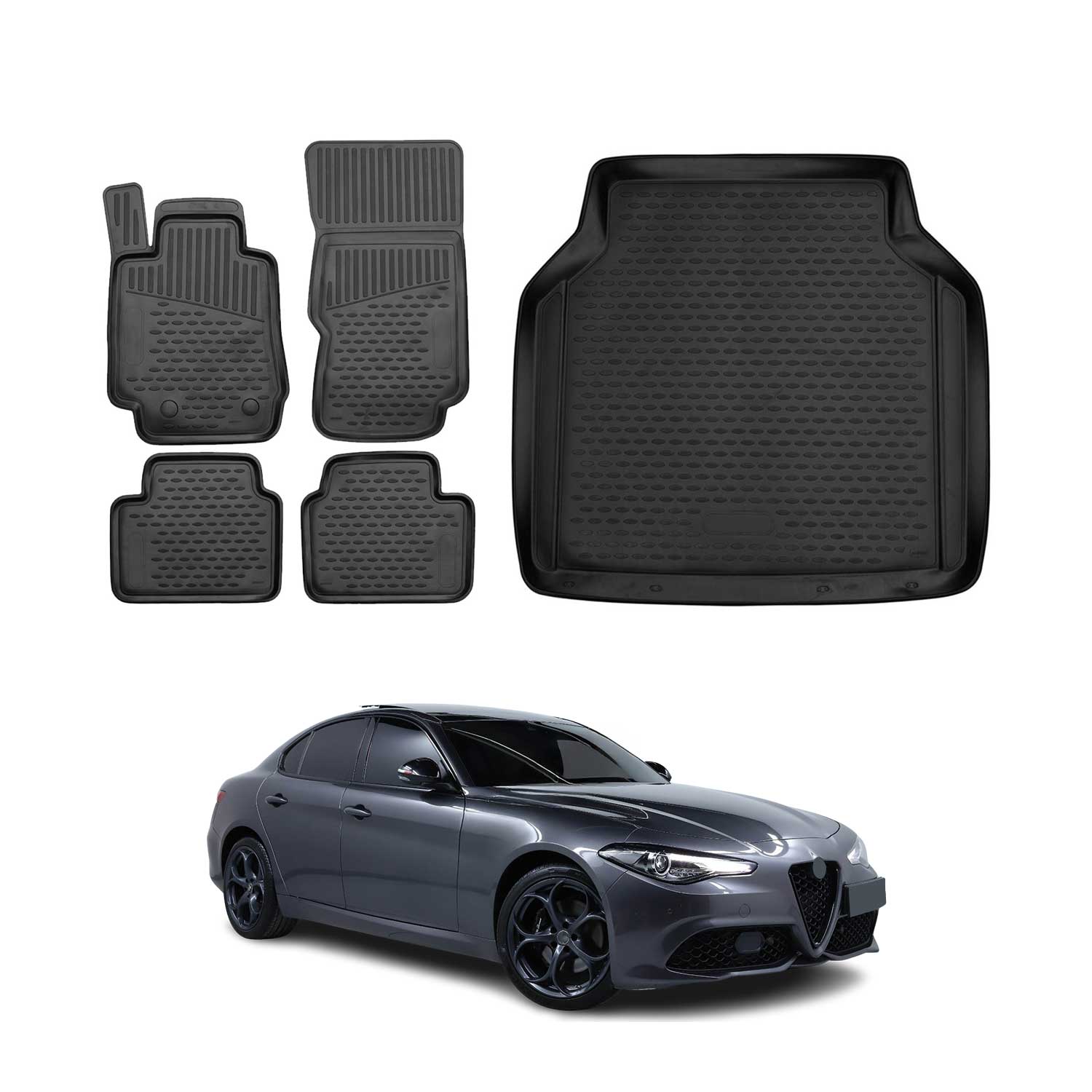 Fußmatten & Kofferraumwanne Set für Alfa Romeo Giulia 4 2015-2025 TPE Schwarz