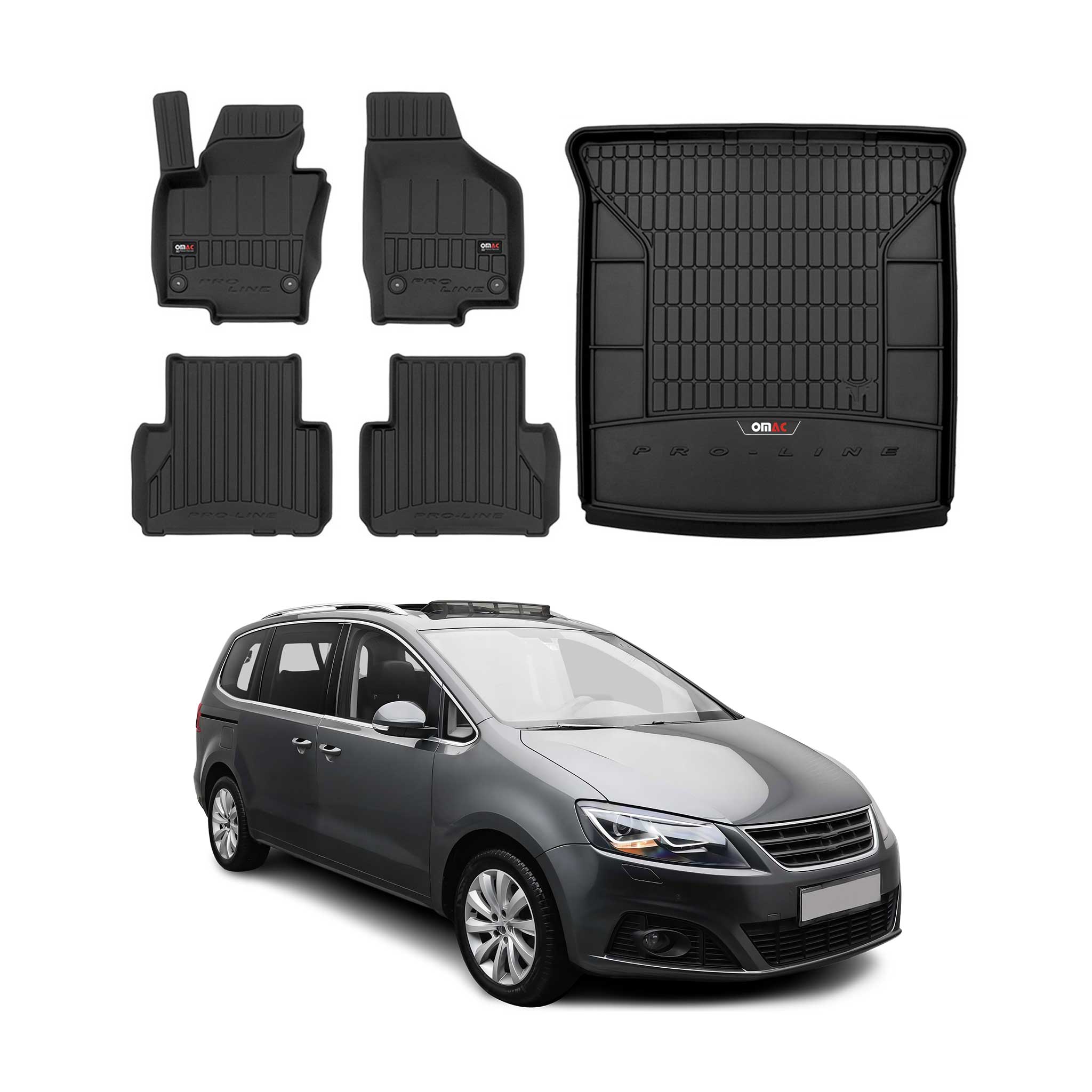 OMAC Fußmatten & Kofferraumwanne Set für Seat Alhambra 2010-2020 3.Reihe Gummi