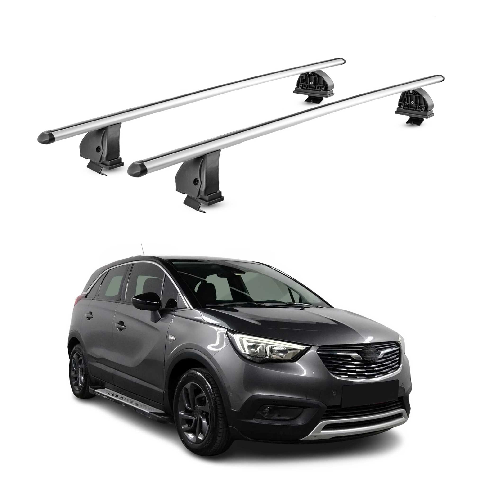 Alu Dachträger für Opel Crossland X 2017-2026 TÜV T-Nut 75 kg 2tlg Silber