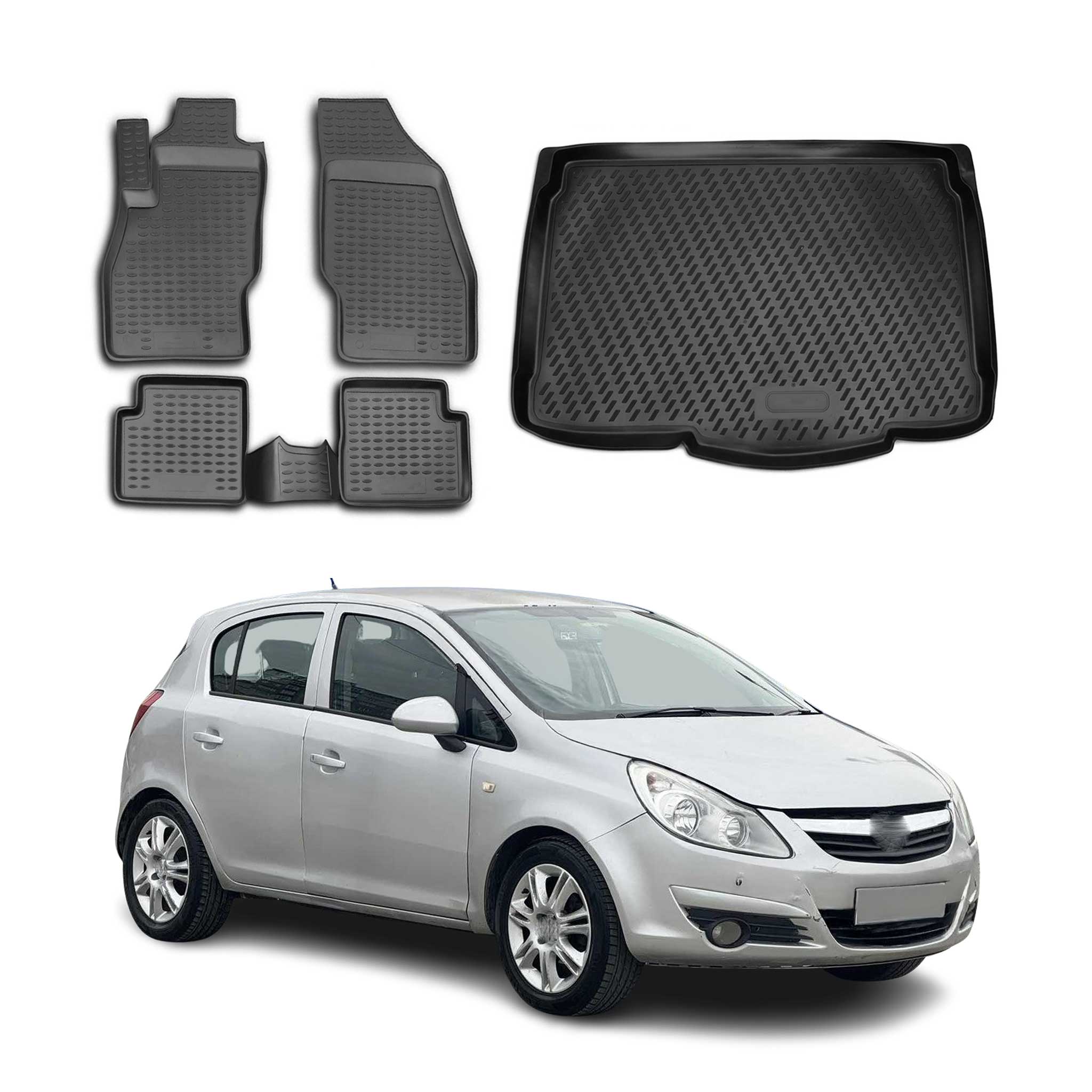 Fußmatten & Kofferraumwanne Set für Opel Corsa D 2006-2014 Gummi TPE Schwarz 5x