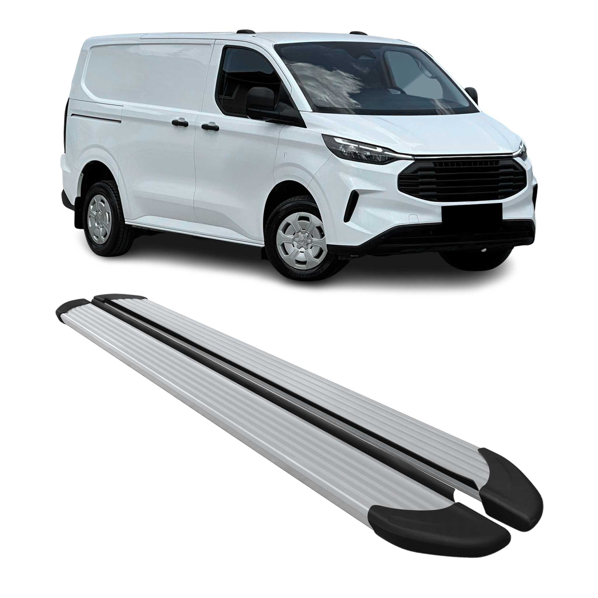 Trittbretter Seitenschweller für Ford Transit Custom 2023-2026 L1 Alu Silber 2x