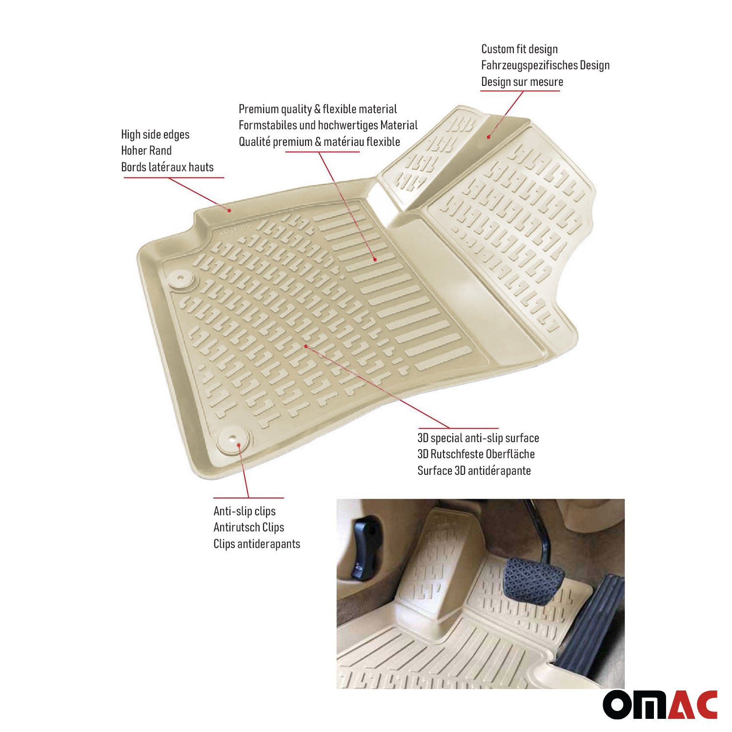 Fußmatten 3D Gummimatten für Mercedes A Klasse W177 2018-2026 Gummi TPE Beige 4x