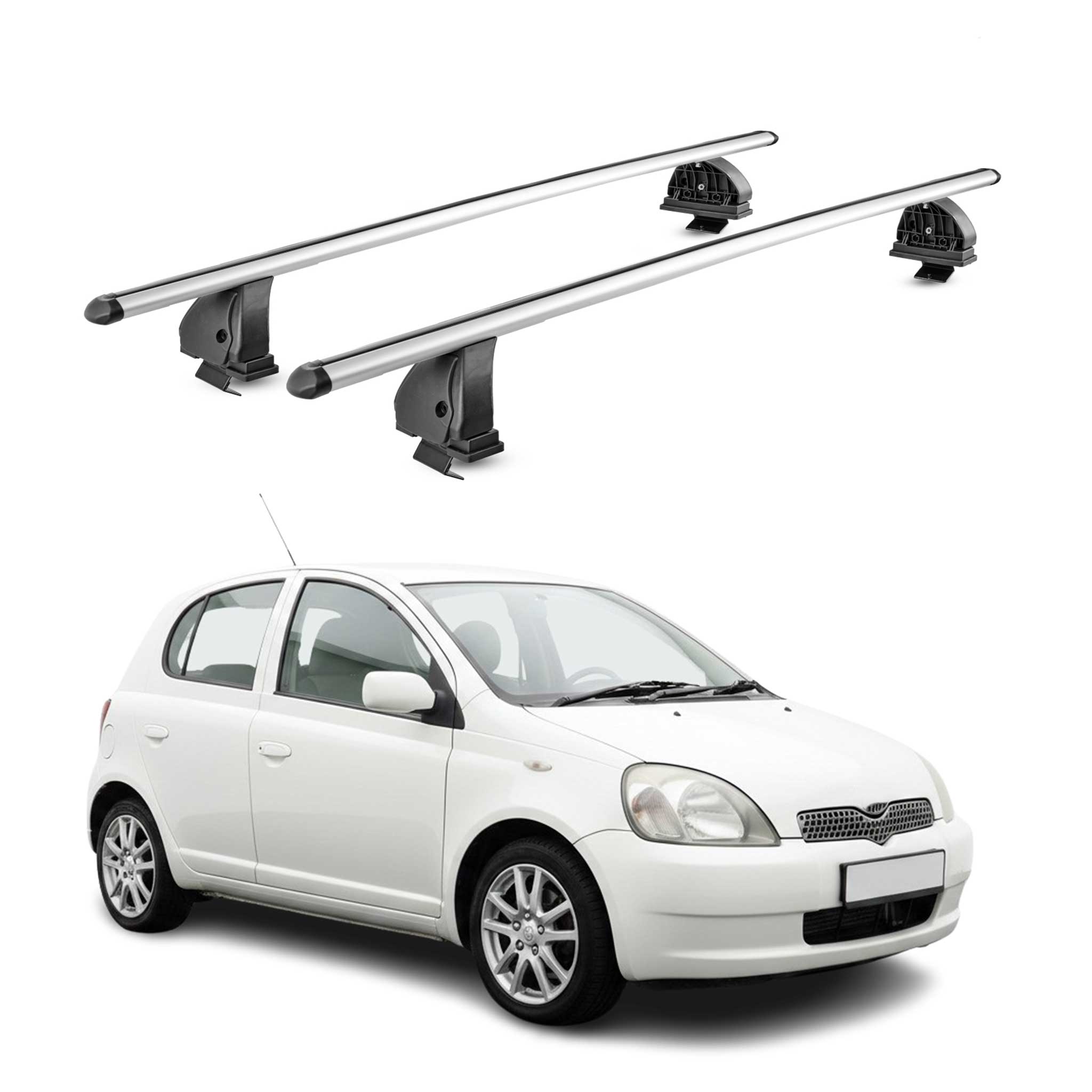 Alu Dachträger für Toyota Yaris I Schrägheck 1999-2005 TÜV T-Nut 75 kg 2x Silber