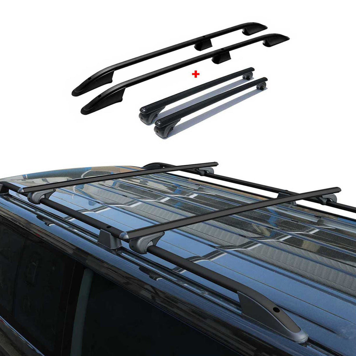 Dachreling + Dachträger für VW T5 T6 T6.1 Transporter L2 Langer  Alu Schwarz 4x