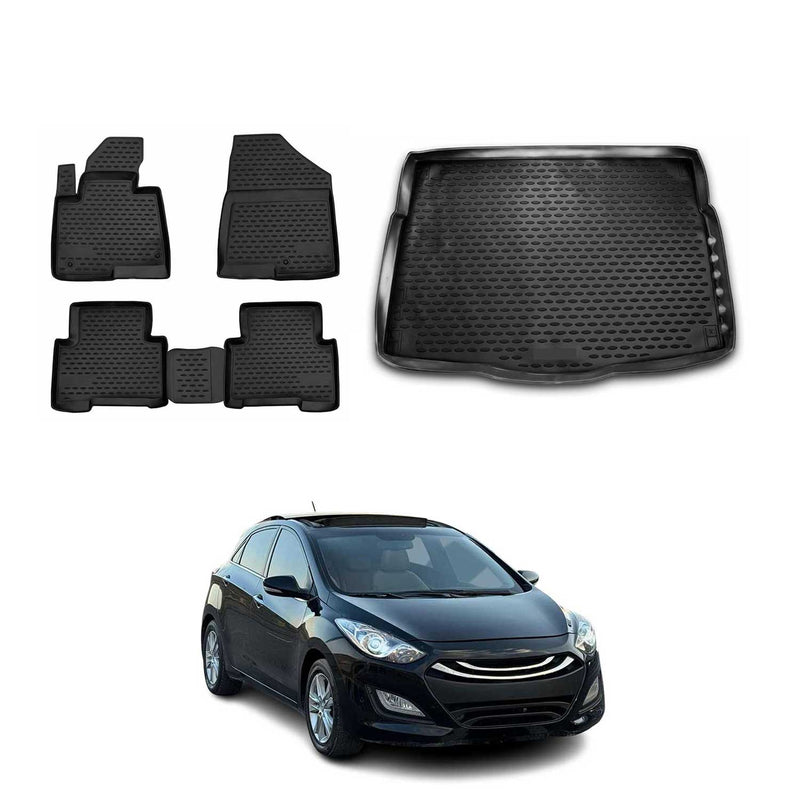 Fußmatten & Kofferraumwanne Set für Hyundai i30 2011-2016 5tür 3D TPE Schwarz