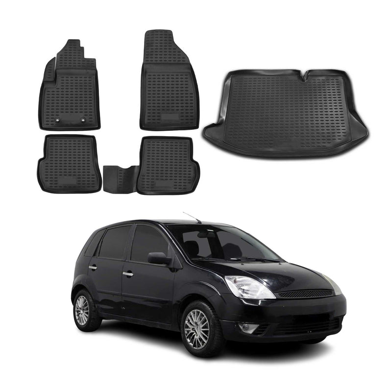 Fußmatten & Kofferraumwanne Set für Ford Fiesta 2001-2008 Gummi TPE Schwarz 5x