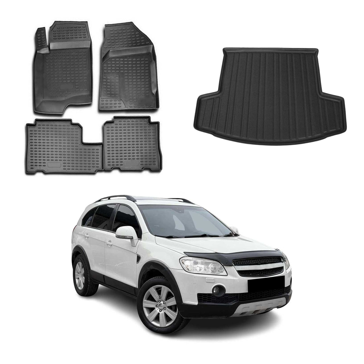 Fußmatten & Kofferraumwanne Set für Chevrolet Captiva 2006-2018 5Sitze Schwarz