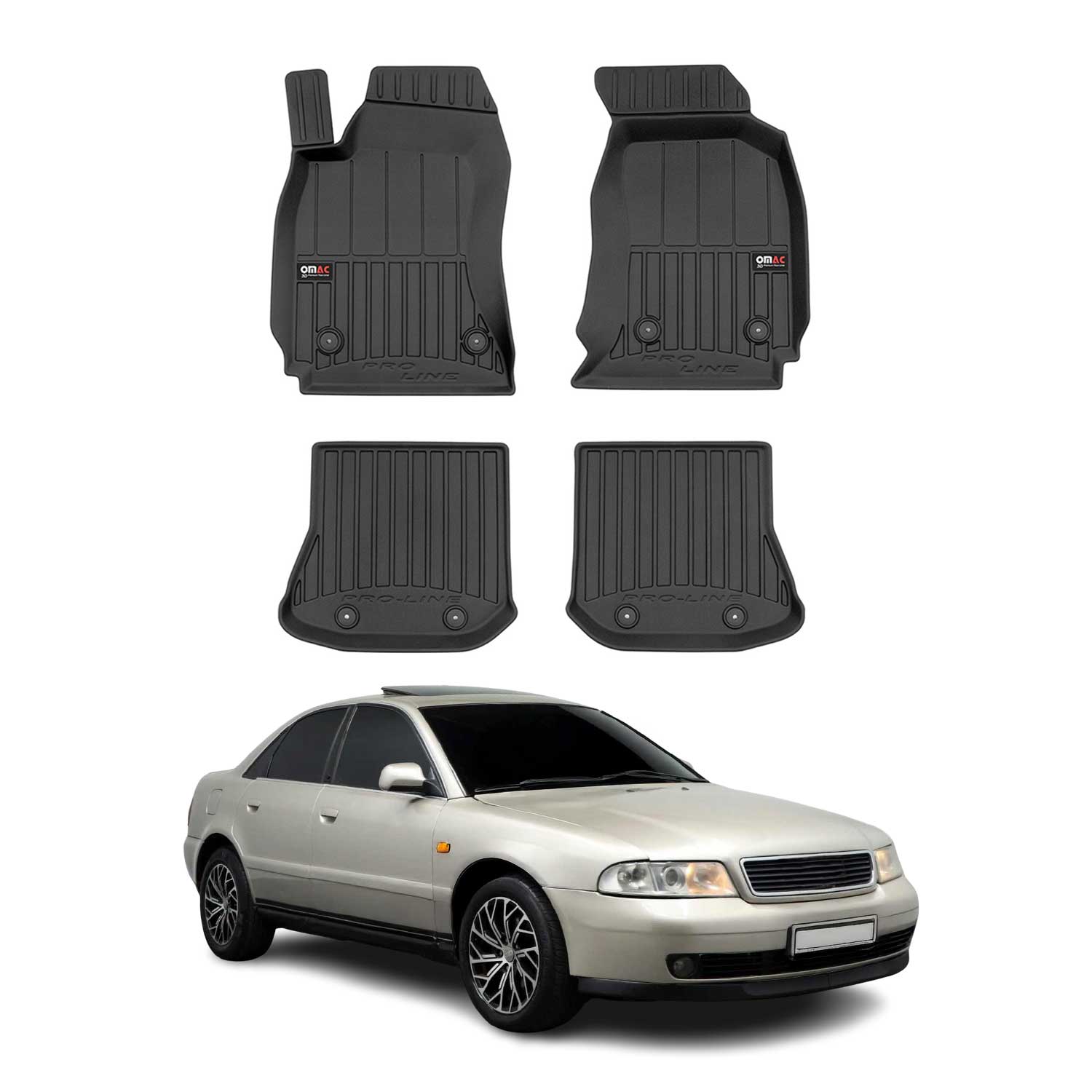 OMAC Premium Gummi Fußmatten für Audi A4 Limo Avant 8D B5 1994-2001 Schwarz 4x